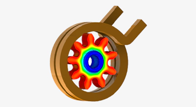 Simulation model showing heat distribution inside a workpiece during induction heating.